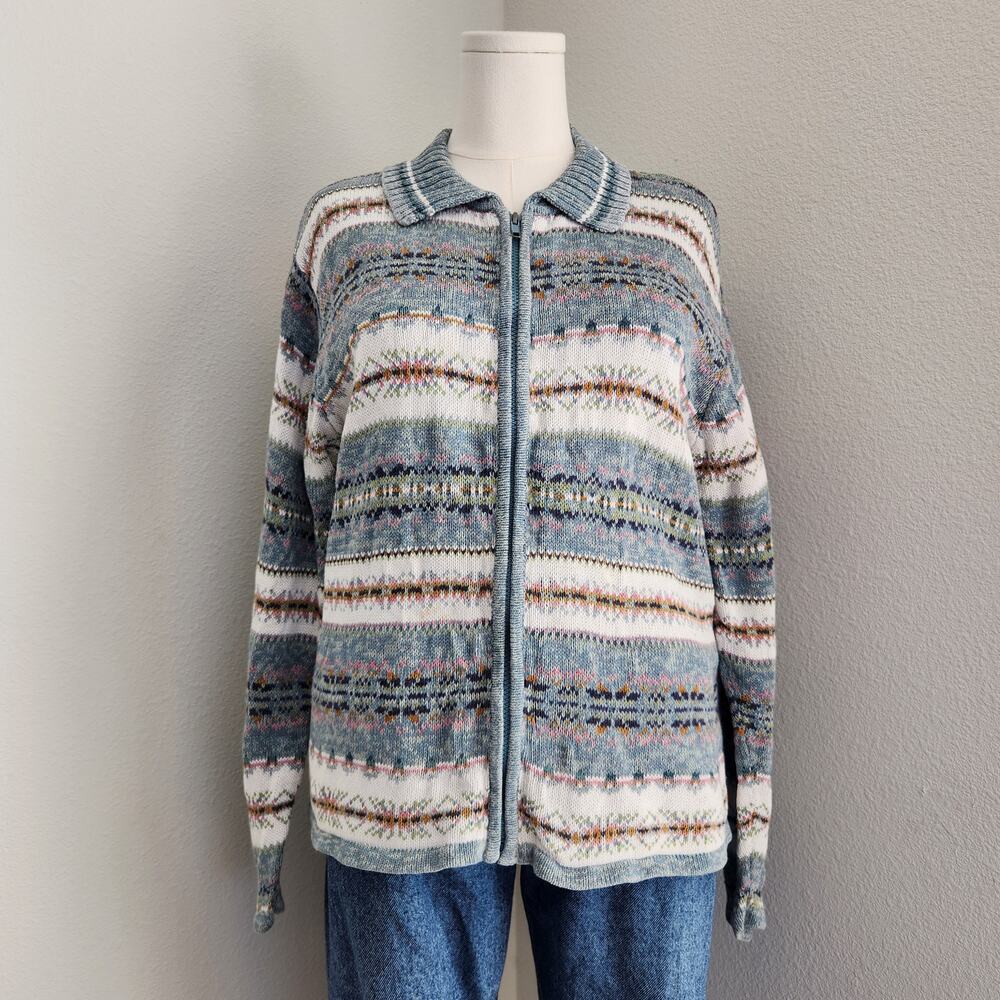 Vintage Y2K Tiara International Blue Fair Isle Zip Front Knit Cardigan Sweater L